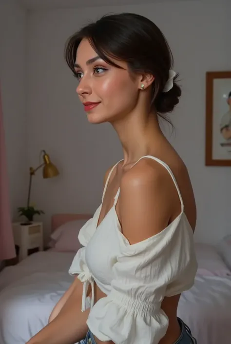 18 years, girl took a photo with his face in profile, side face shot, no hands, smiling, ,smiling away, looking away, flat grey background, no background