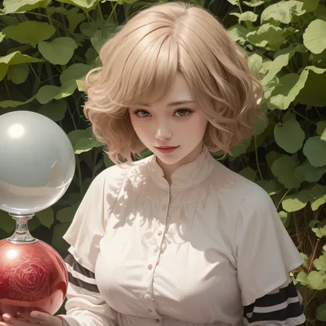 382 (20 year old woman),(short hair),(gentle smile),(high quality photos),( cinematic pictures playing on the lawn ),(colorful),(Crystal Ball),((contrast between light and shade))