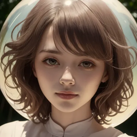 382 (20 year old woman),(short hair),(gentle smile),(high quality photos),( cinematic pictures playing on the lawn ),(colorful),(Crystal Ball),((contrast between light and shade))