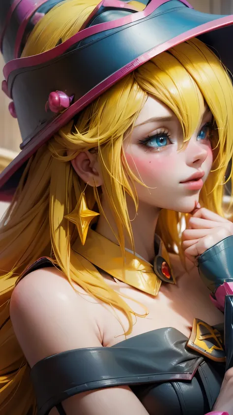 Beautiful face of dark wizard gils. long eyelashes, blue eyes. pink lips. long blonde hair. Yellow hair. exposed shoulders, angelic smile, beautiful well detailed face of the dark wizards gils. blowing a kiss. And winking an eye. She is flirtatious with th...