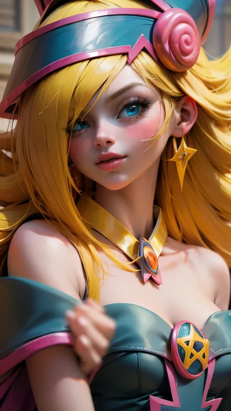 Beautiful face of dark wizard gils. long eyelashes, blue eyes. pink lips. long blonde hair. Yellow hair. exposed shoulders, angelic smile, beautiful well detailed face of the dark wizards gils. blowing a kiss. And winking an eye. She is flirtatious with th...