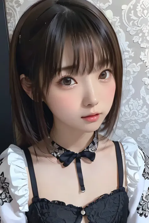 (masterpiece、Highest Quality、super detailed description、Ultra High Definition)、(upper shot)、girl、solo、((small chest))、((Front Close))、cute、black hair、(Pure Eros Face)、(Damask patterns coding screen:1.3)