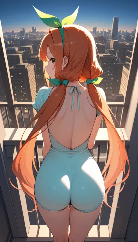 masterpiece, best quality, high quality,
1girl, karane_inda, brown eyes, orange hair, very long hair, low twintails, green ribbon, hair ribbon
white romper, from behind, ass, sideways glance, balcony, cityscape, 
