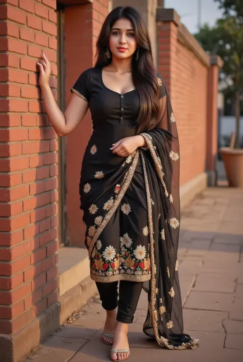 A young Indian big breast woman standing gracefully beside a red brick wall on a paved path. She is wearing a traditional black floral embroidered salwar kameez with a matching transparent black dupatta. Her outfit features colorful floral patterns with sh...