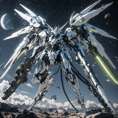 a robot like Freedom Gundam, Gundam Face,4本の頭部whiteアンテナ , alone , green_Shining Eyes , Aircraft color_ white ,4枚のwhiteメカウイング , holding _未来的なwhiteい銃 _ green_Illumination ,Airframe Accents_ 輝くgreen_ Illumination管, The barren and rocky, The starry sky is d...