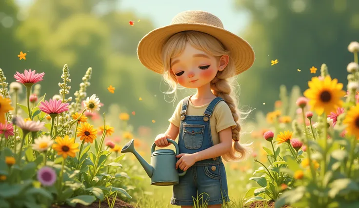 a girl tending to the garden, watering the plants with a watering can, wearing a denim overall and a t-shirt, carrying gardening tools in her pocket, wearing a straw hat, and her long blonde hair is braided, the braid gently falls on her shoulder. The colo...