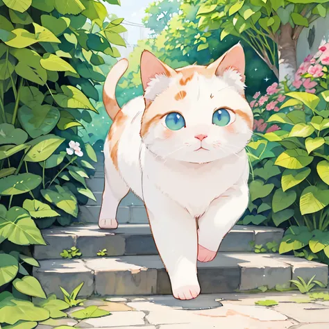 (masterpiece),(Highest Quality),( very detailed),( Athletes ),((Line art)),((watercolor)),16k, wallpaper,三毛猫のvery detailedな絵、 details 、 very detailed猫、 Calico cat walking in my garden、 calico Munchkin walking along a walking path relaxing on a stone s...