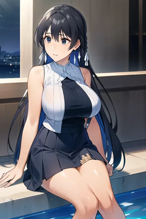 Can I draw a mini skirt,Can I draw a swimsuit at the pool facility,I'm drawing a facial expression。depicts her expression more delicately,Faces are very important,can I draw a sleeveless dark blue long dress,Big Breastsでもウエストが細い,{{X}},depicts her expressio...