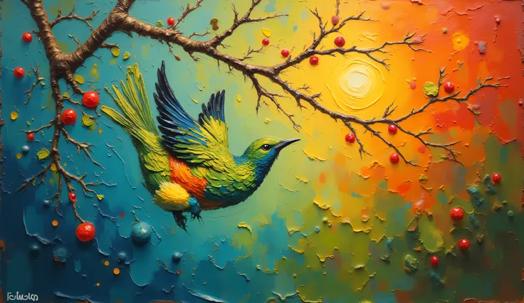 Create an impressionist-style painting that celebrates nature through a dynamic contrast of rich greens and deep reds. The composition should feature a lively scene where a bird with striking green and yellow plumage is hanging upside down from a branch, s...