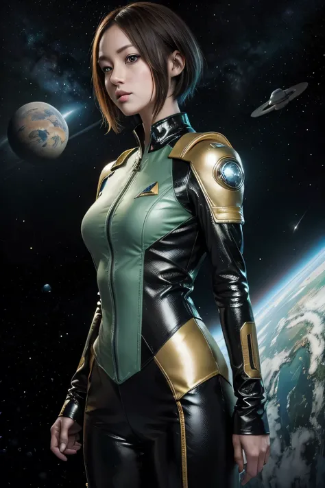 Space ship, captain future, comet, extremely fine and beautiful design, illustration, masterpiece,best quality, high resolution, 8k, sf,space fantasy, extremely beautiful and fain design, extremely fine and beautiful colors, An anime girl with shoulder-len...