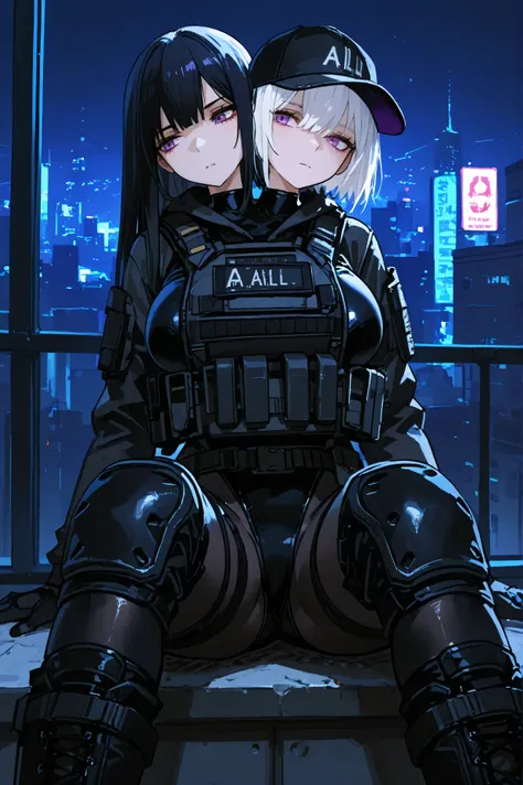 conjoined, 2girls, 2heads, two heads, a tall thin girls with 2 heads, white hair, black hair, short hair, long hair, purple eyes, large breasts, black leotard, black bodysuit, bulletproof vest, loose black gaiters, black gloves, tactical gear, baseball cap...