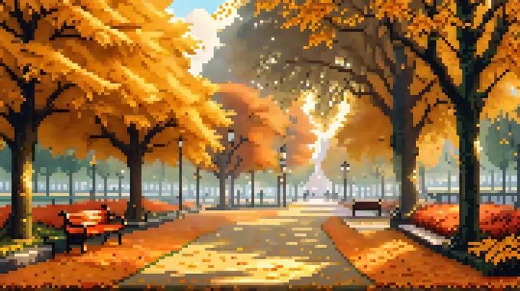 2D pixel art in retro video game style, 16-bit. A warm autumn morning in a quiet park. Golden leaves falling from trees, soft sunlight, empty path, cozy and peaceful mood, no characters.