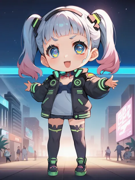 score_9, score_8_ up, score_7_ up, score_6_ up, score_5_ up, anime,nsfw, uncensored ,( chibi:1.3),A very young and cute girl from the anime girl is standing in front of a building wearing a dress and headband, digital Cyberpunk Anime Art , デジタル Cyberpunk...