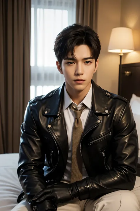 a slim muscular, Full body shot of a handsome K-pop male idol in leather jacket and tie and leather gloves. lean on lie down in hotel room. tempting.sexy.try to rape.realistic high quality .intricate detail face , ultra high res, uhd. Hyper-realism. a look...