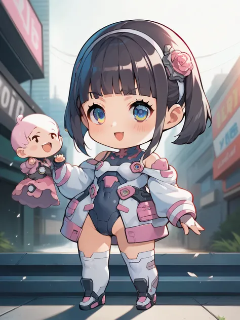 score_9, score_8_ up, score_7_ up, score_6_ up, score_5_ up, anime,nsfw, uncensored ,( chibi:1.3),A very young and cute girl from the anime girl is standing in front of a building wearing a dress and headband, digital Cyberpunk Anime Art , デジタル Cyberpunk...