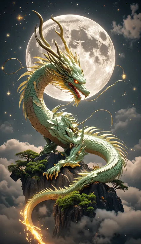 A majestic pale green Chinese dragon flying gracefully under the full moon, surrounded by soft glowing clouds, starry night sky, and ethereal light. The scene is mystical and elegant, with delicate golden details on the dragon’s body, long flowing whiskers...