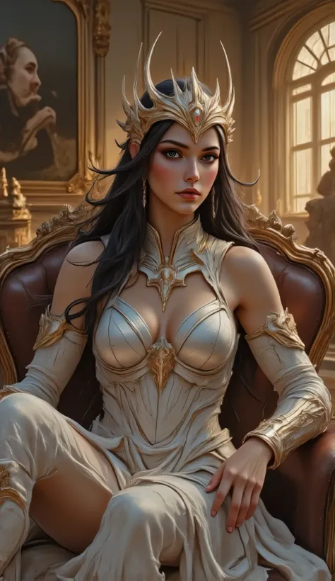 tunning ultra-realistic female goddess reclining on a leather sofa, ornate white and gold fantasy armor, deep cleavage, glowing skin, long flowing black hair, ethereal crown, elegant pose, majestic ambiance, cinematic soft lighting, Renaissance-style backg...