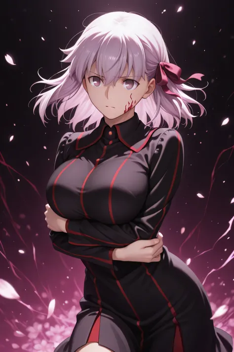 sakura matou, wearing uniform, dynamic pose, arms under breast