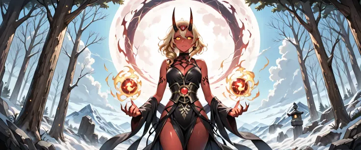 ((masterpiece, best quality, ultra detailed, high resolution, 8K, anime style, dark fantasy atmosphere, cinematic lighting)), (solo powerful oni woman), red skin, inspired by Ibaraki Douji from Onmyoji. A stunning and dominant female oni with long wild gol...