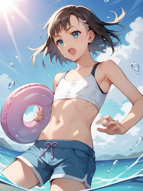 score_9, score_8_ up, score_7_ up, score_6_ up, score_5_ up, anime，nsfw，uncensored，A young  slides down a huge transparent water tube at breakneck speed in a dynamic pose，short， shape，Petite，skinny，flat chested，Baby Face，Water Scatters Violently Around Her...