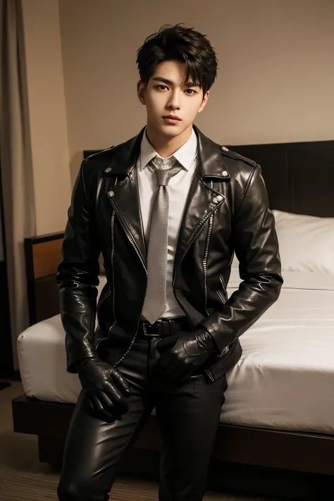 a slim muscular, Full body shot of a handsome K-pop male idol in leather jacket and tie and leather gloves. lean on lie down in hotel room. tempting.sexy.try to rape.realistic high quality .intricate detail face , ultra high res, uhd. Hyper-realism. a look...