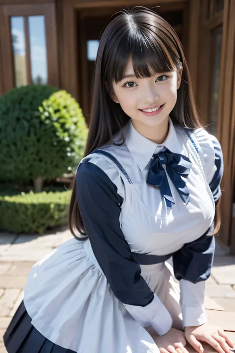  Lori adult、In front of a Western-style building、(Black long maid clothes:1.5、 dark blue ribbon on a white shirt、 ruffle apron、Maid Skirt、white headrests:1.5、Black Tights)、focus on the whole body , ((masterpiece)), ((High Quality)), (very detailed), ((very...