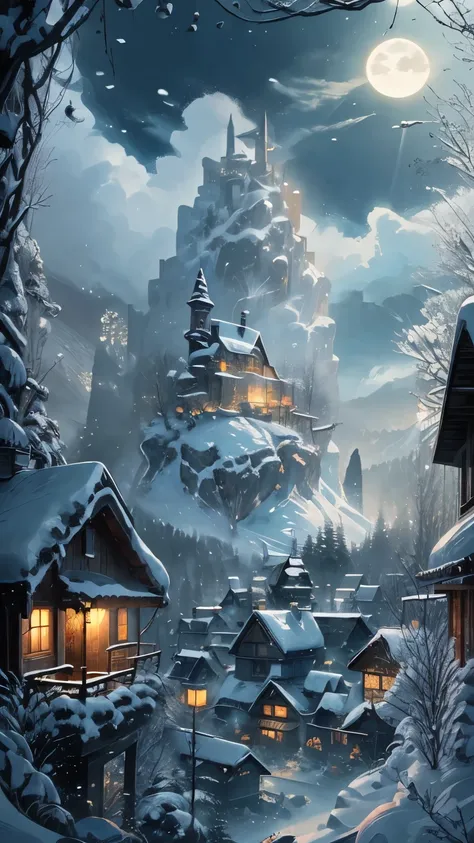 High image quality 8k quality、(best quality, high definition, high definition), Late night hours、snowy mountain village, fantasy style house,  Shining Light,  detailed snowscapes , cozy atmosphere, bright colors, Winter paradise, magical scene in town with...