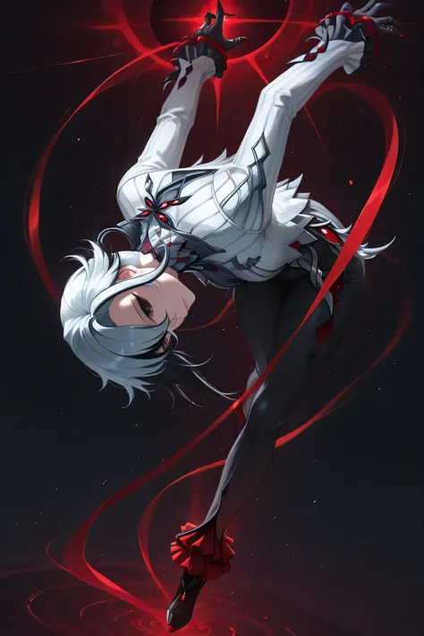 arlecchino, dynamic pose, dynamic head tilt, dynamic looking back, amazing background, floating in the air, upside down world, gravityless_pose, weightless, impossible pose, surreal, gravity-defying, dynamic lighting, ethereal atmosphere, intricate details...