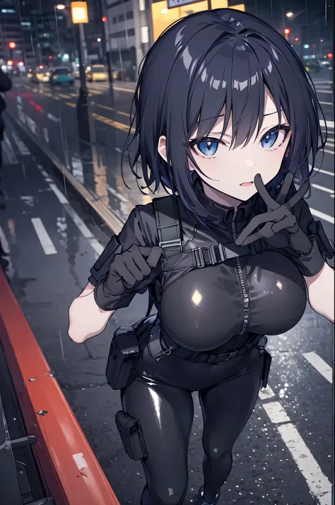 ((best quality)), ((masterpiece)), (detailed), anime girl gesture, Approach desde arriba, seen from above, looking at the viewer, shy look, short black hair, big breasts, sexy, ,ojos detaileds, blue eyes, ((pale skin)), ((hip covers)), tactical equipment...