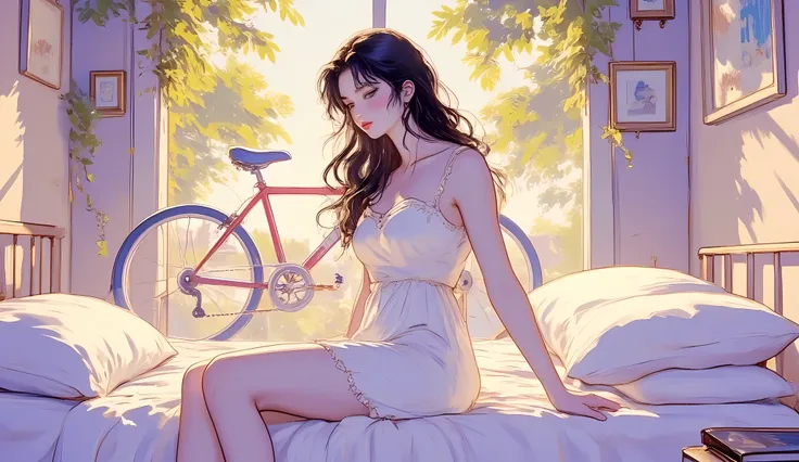 masterpiece, high quality, 4k, best quality, dynamic lighting, first-person view, Anime style scene from a first-person perspective. A tall young woman with dark long hair, wearing a thin white nightgown, sits beside the viewer on a bed. Morning sunlight s...