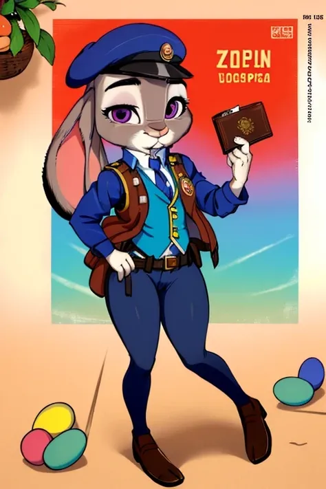  copyright , Zootopia, a full body girl, judy hopps, Easter themed, brown hair, ojos rojos, extended year,
, looking up, looking at the viewer, Military beret, knitted vest, Wearing a playboy wallet