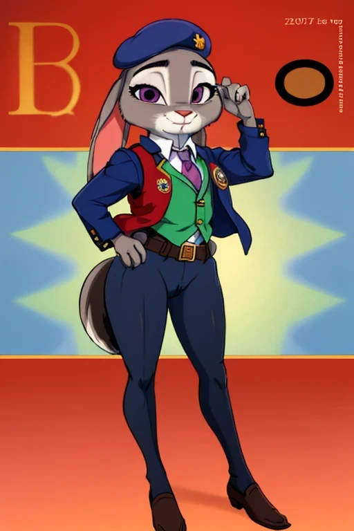  copyright , Zootopia, a full body girl, judy hopps, Easter themed, brown hair, ojos rojos, extended year,
, looking up, looking at the viewer, Military beret, knitted vest, Wearing a playboy wallet