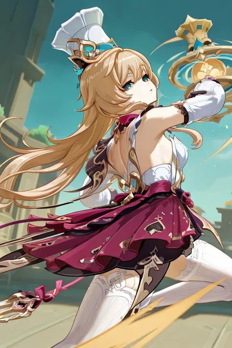 escoffier genshin impact, dynamic pose, dynamic head tilt, dynamic looking back, amazing background