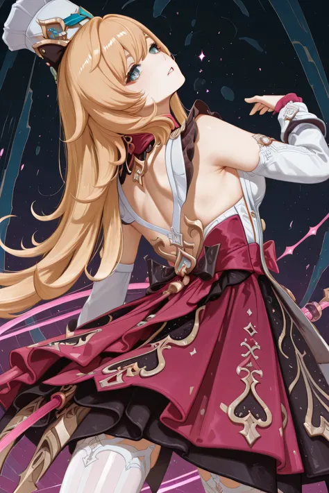 escoffier genshin impact, dynamic pose, dynamic head tilt, dynamic looking back, amazing background