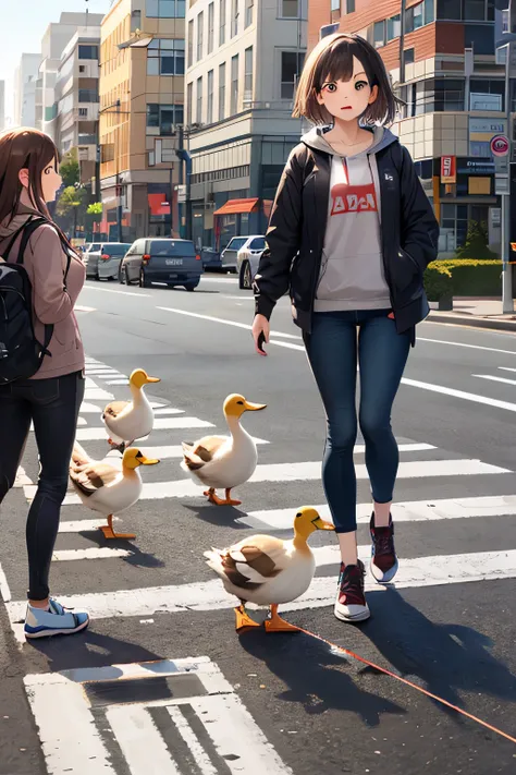 crosswalk scene, duck, mother duck leading a line of ducklings, urban street background with zebra stripes
