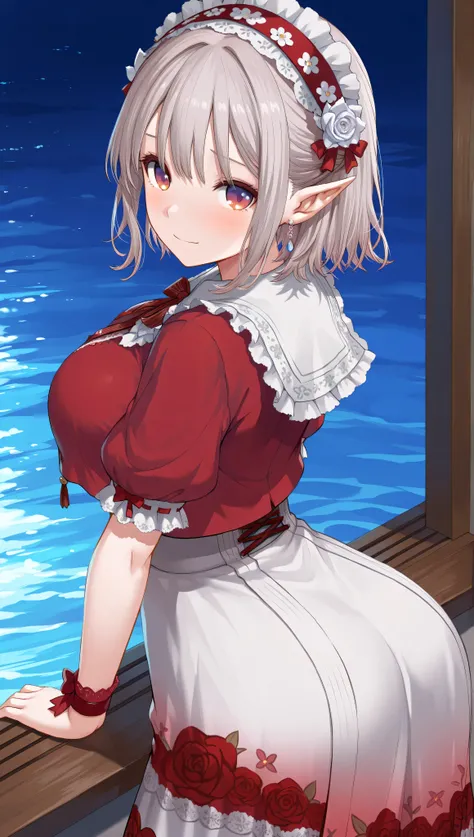 masterpiece,best quality, amazing quality, highres, absurdres, very aesthetic, high resolution, ultra detailed, perfect details,niji-elu,,large breasts,gradient eyes,red eyes,purple eyes,grey hair,pointy ears,short hair,bangs,earrings,niji-elucos1,red dres...