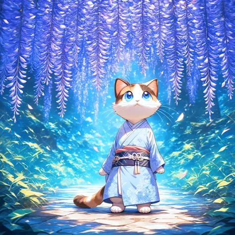 (masterpiece, best quality, ultra-detailed), a cute ragdoll cat with blue eyes, standing under wisteria flowers, looking up slightly, wearing a soft purple or blue kimono with subtle patterns, soft anime style, gentle spring light, peaceful and elegant moo...