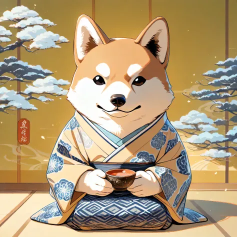 (masterpiece, best quality, ultra-detailed), an anthropomorphic Shiba Inu (stylized, semi-human), rounded face, small black puppy-like eyes, short light brown fur with white markings, symmetrical forward-facing ears, no bangs, no human hairstyle. Wearing a...
