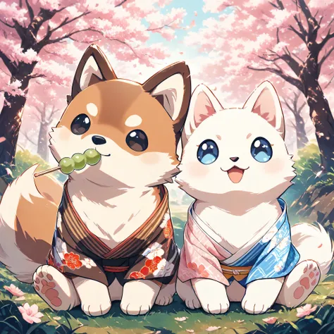 (masterpiece, best quality, ultra-detailed), a cute stylized Shiba Inu with a rounded face, small black puppy-like eyes, short light brown fur with white markings, no bangs, no human hairstyle, and a cute stylized Ragdoll cat with a rounded face, blue eyes...