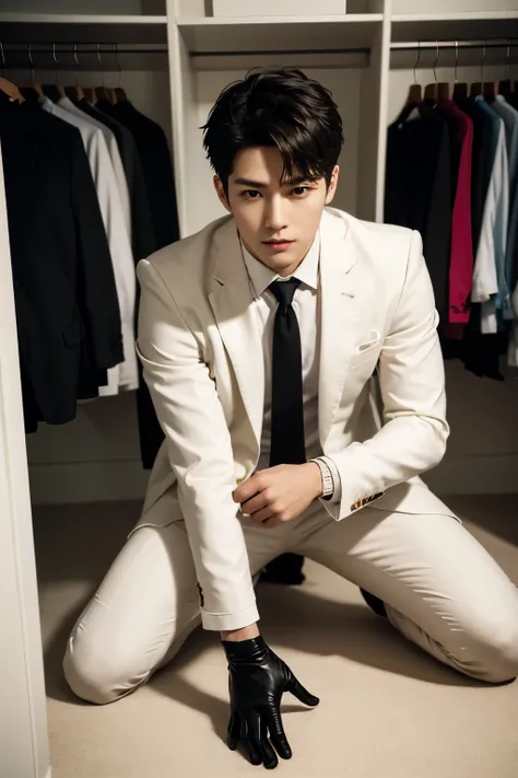 a slim muscular, Full body shot of a handsome K-pop male idol in white suit and tie and black leather gloves. lie down in closet. tempting.sexy.try to rape.realistic high quality .intricate detail face , ultra high res, uhd. Hyper-realism. a look of holdin...