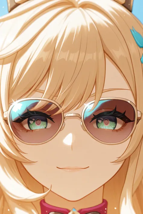 escoffier genshin impact, Close-up portrait of a young woman wearing aviator sunglasses, with a cool, slightly smirking expression that shows off her confidence.