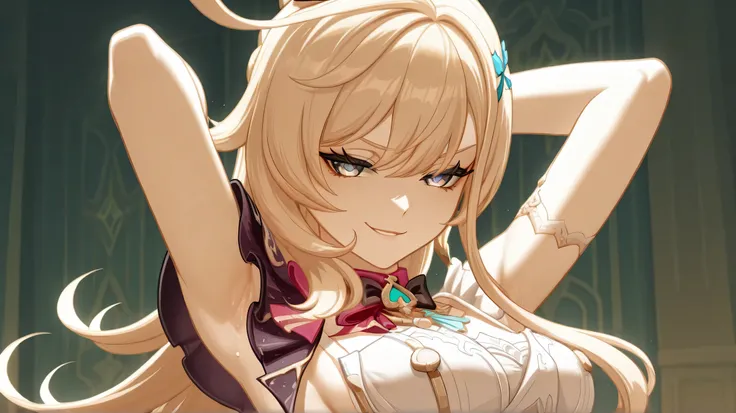 escoffier genshin impact, slightly smirking expression that shows off her confidence, full clothes, showing armpit, showing sideboob
