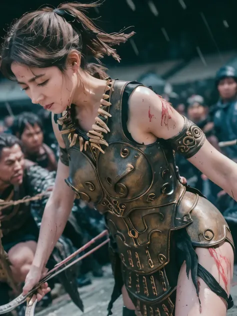 A large bow and arrow are piercing her body, Cry of Pain, Closed Eyes, masterpiece, high definition, scratch, Torn, scratchだらけ, , dirt, wet, It's raining heavily , Clothes are torn 、I can see his chest and nipples , old clothes, panties with DECOR ,...