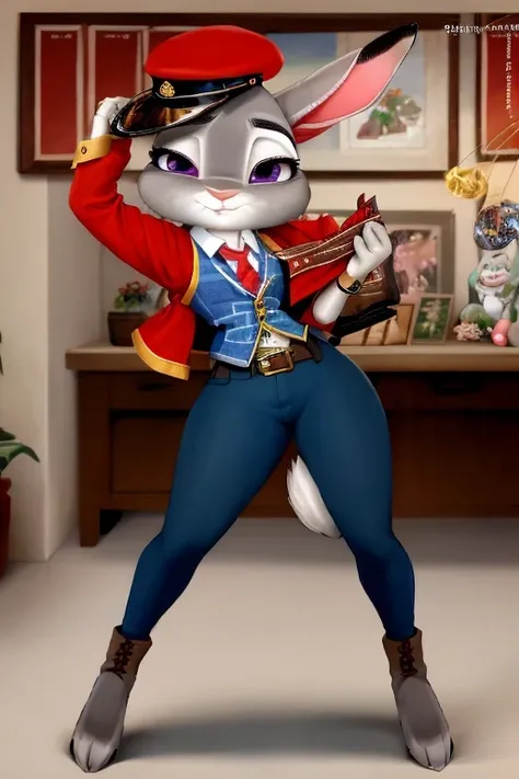 copyright , Zootopia, a full body girl, judy hopps, Easter themed, brown hair, ojos rojos, extended year,
, looking up, looking at the viewer, Military beret, knitted vest, Wearing a playboy wallet