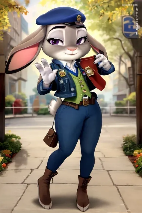  copyright , Zootopia, a full body girl, judy hopps, Easter themed, brown hair, ojos rojos, extended year,
, looking up, looking at the viewer, Military beret, knitted vest, Wearing a playboy wallet