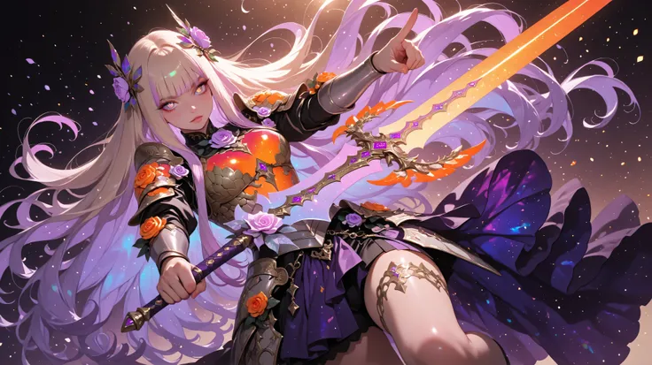 Girl, rose flower armor, intricate armor, intricate swords, glowing sword, gloss, glow, shine, pink color, orange color, violet color, lilac color, purple color, iridescence, pointing sword to viewer, ornater hair ornaments, extra long hair, beige color ha...