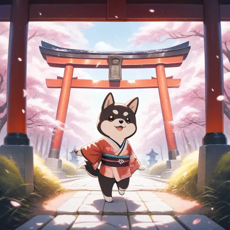 (masterpiece, best quality, ultra-detailed), a cute stylized anthropomorphic, semi-human black Shiba Inu standing upright on two legs, with a rounded face, small gentle black eyes, short black fur with soft white markings, and symmetrical forward-facing ea...