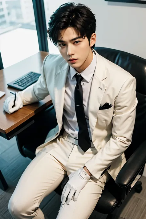 a slim muscular, Full body shot of a handsome K-pop male idol in white suit and tie and black leather gloves. lie down in office desk. tempting.sexy.try to rape.realistic high quality .intricate detail face , ultra high res, uhd. Hyper-realism. a look of h...