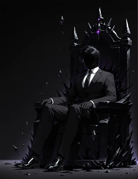 1man, black skin, no face, faceless, black suit, Black tie, Black shoes, Business suit, Deep darkness , disheveled hair, Black throne, Sitting, Void, Black blood, Dark crystals, shards Floating, Dark stones, Peaks