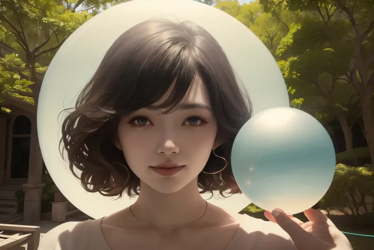 382 (20 year old woman),(short hair),(gentle smile),(high quality photos),( cinematic pictures playing on the lawn ),(colorful),(Crystal Ball),((contrast between light and shade))